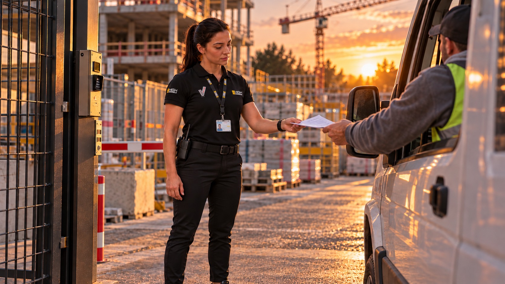 Bewakingsagente in uniform controleert de toegang van een leveringsvoertuig aan de ingang van een bouwplaats