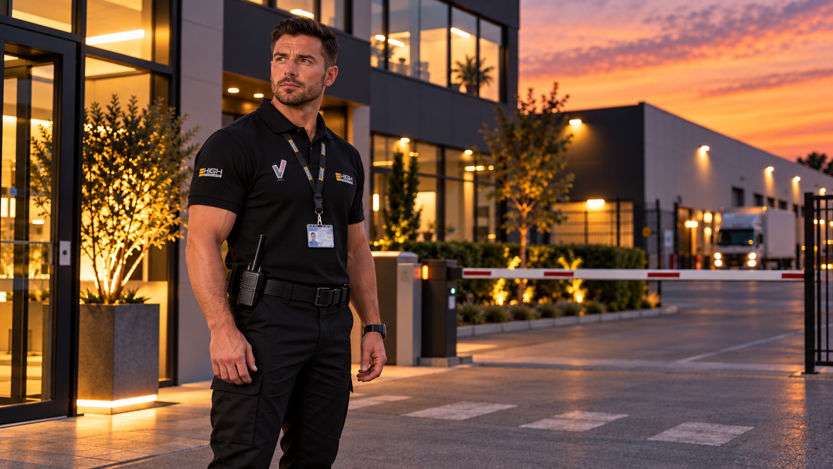 Agent de gardiennage High Security en uniforme réglementaire devant l'entrée d'un site d'entreprise au crépuscule