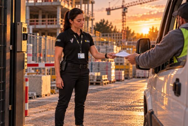 Agente de gardiennage en uniforme contrôlant l'accès d'un véhicule de livraison à l'entrée d'un chantier de construction